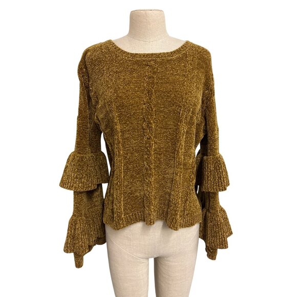 For The Republic Womens M Brown Ruffled Sleeve Chenille Sweater - Picture 1 of 13